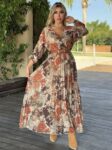 Maxi μπεζ floral φόρεμα πλισέ στο κάτω μέρος
