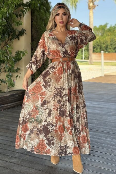 Maxi μπεζ floral φόρεμα πλισέ στο κάτω μέρος
