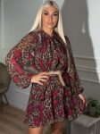 Μίνι animal print φόρεμα με μπορντό λουλούδια μακρυμάνικο και βολάν