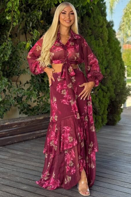 Floral σετ cropped top με δέσιμο και μάξι φούστα με άνοιγμα μπροστά
