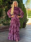 Μάξι μωβ floral φόρεμα τύπου μουσελίνα με δέσιμο στον λαιμό και βολάν