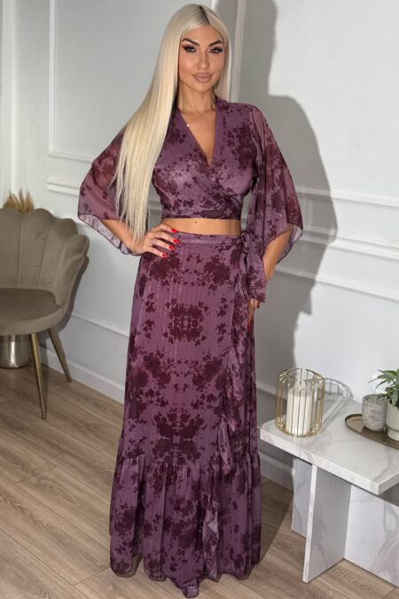 Μωβ floral σετ cropped top με δέσιμο και μάξι φούστα
