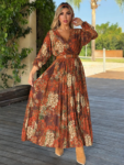 Maxi καφέ floral φόρεμα πλισέ στο κάτω μέρος
