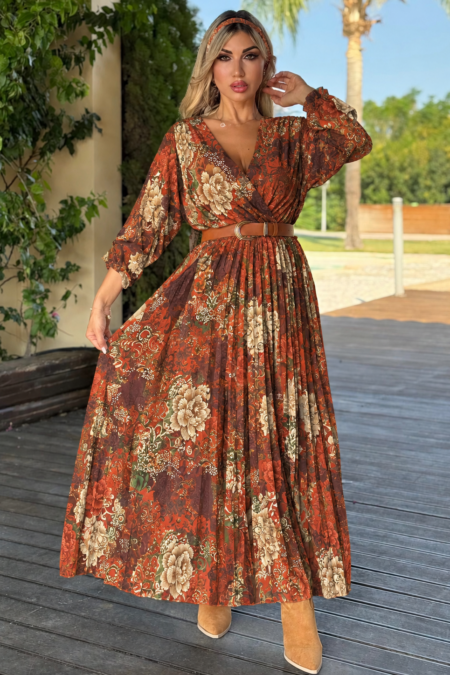 Maxi καφέ floral φόρεμα πλισέ στο κάτω μέρος
