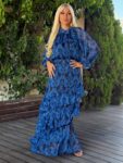 Boho σετ μπλούζα με δέσιμο στον λαιμό και μάξι φούστα με λαχούρια τύπου μουσελίνα