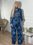 Floral σετ oversized πουκάμισο με φουλάρι τύπου μουσελίνα και παντελόνι