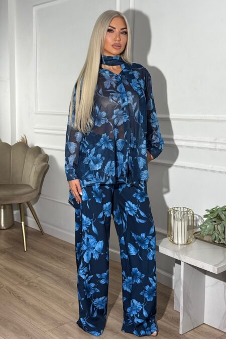 Floral σετ oversized πουκάμισο με φουλάρι τύπου μουσελίνα και παντελόνι
