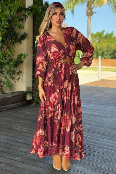 Maxi μπορντό floral φόρεμα πλισέ στο κάτω μέρος
