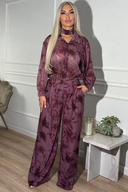 Floral σετ oversized πουκάμισο με φουλάρι τύπου μουσελίνα και παντελόνι